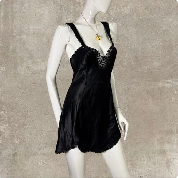 Vintage 90s Black Satin Slip Dress Made in USA Lace Lingerie Mini Medium